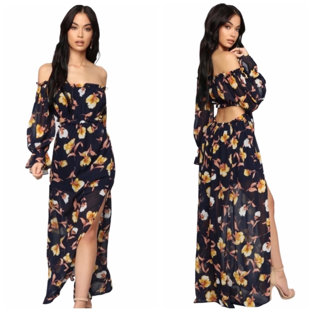 Fashion Nova Floral Long Sleeve Maxi Dress - Navy and Yellow